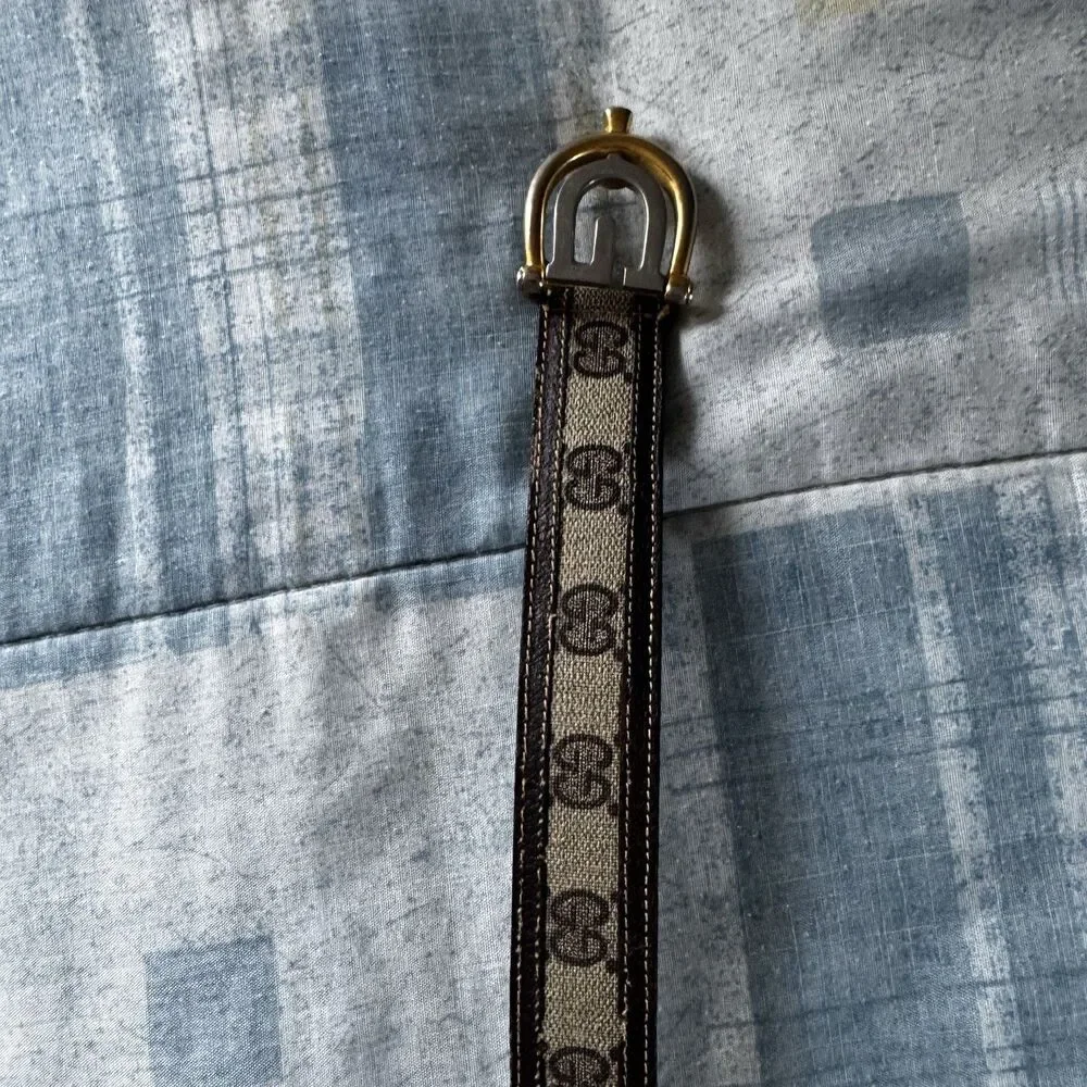Gucci Dual Metal Monogram GG Leather Vintage Rare Canvas Dark Blue Belt Size 90